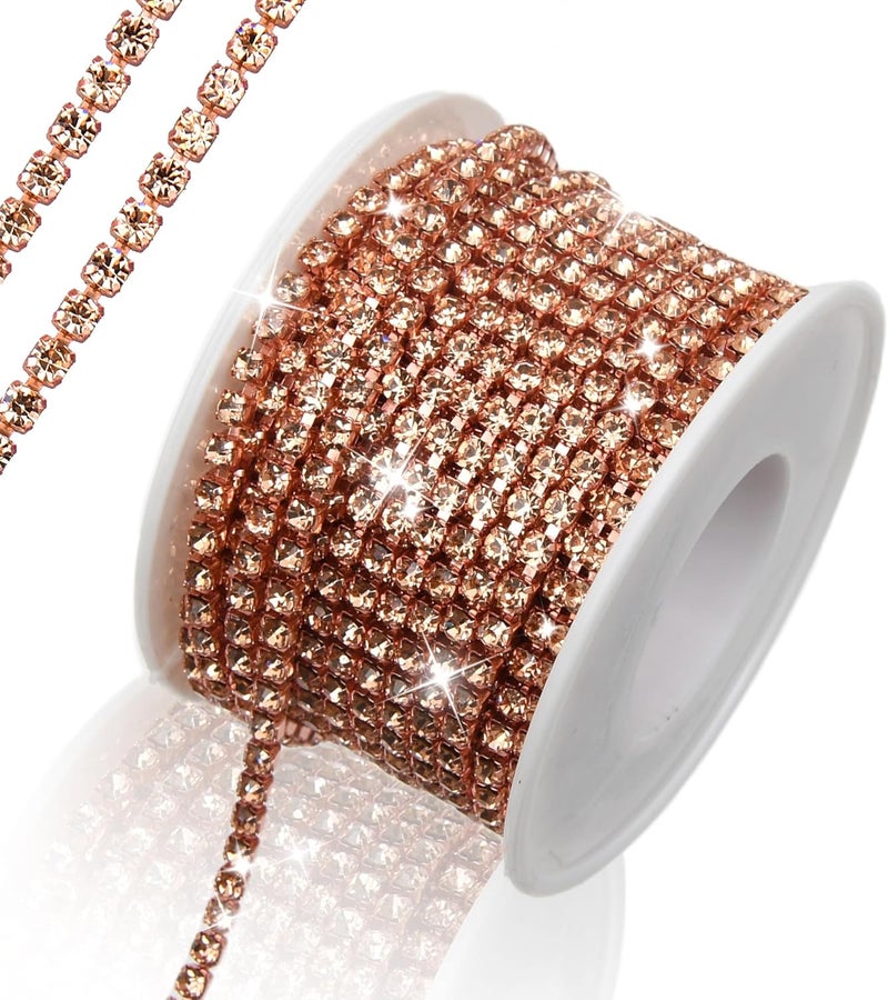 Dropower 10 Yards Rhinestone Chain, SS12/3mm Crystal Rhinestones Close Chain Trim, Bling Diamond Cup Chain for Jewelry Clothing Shoes Wedding Party Decoration(Champagne) - Image 1